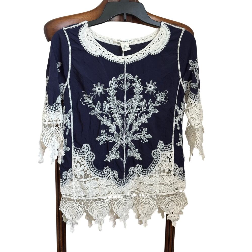 Indigo Thread Co Boho Embroidered Crochet Lace Tunic Top XS Coastal Cottagecore